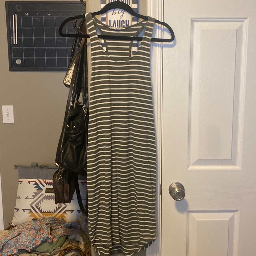 Racer back army green and white stripe dress          #23